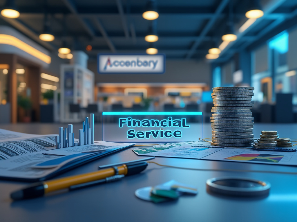 Servicio financiero en oficina moderna con monedas apiladas, gráficos, documentos y letrero luminoso