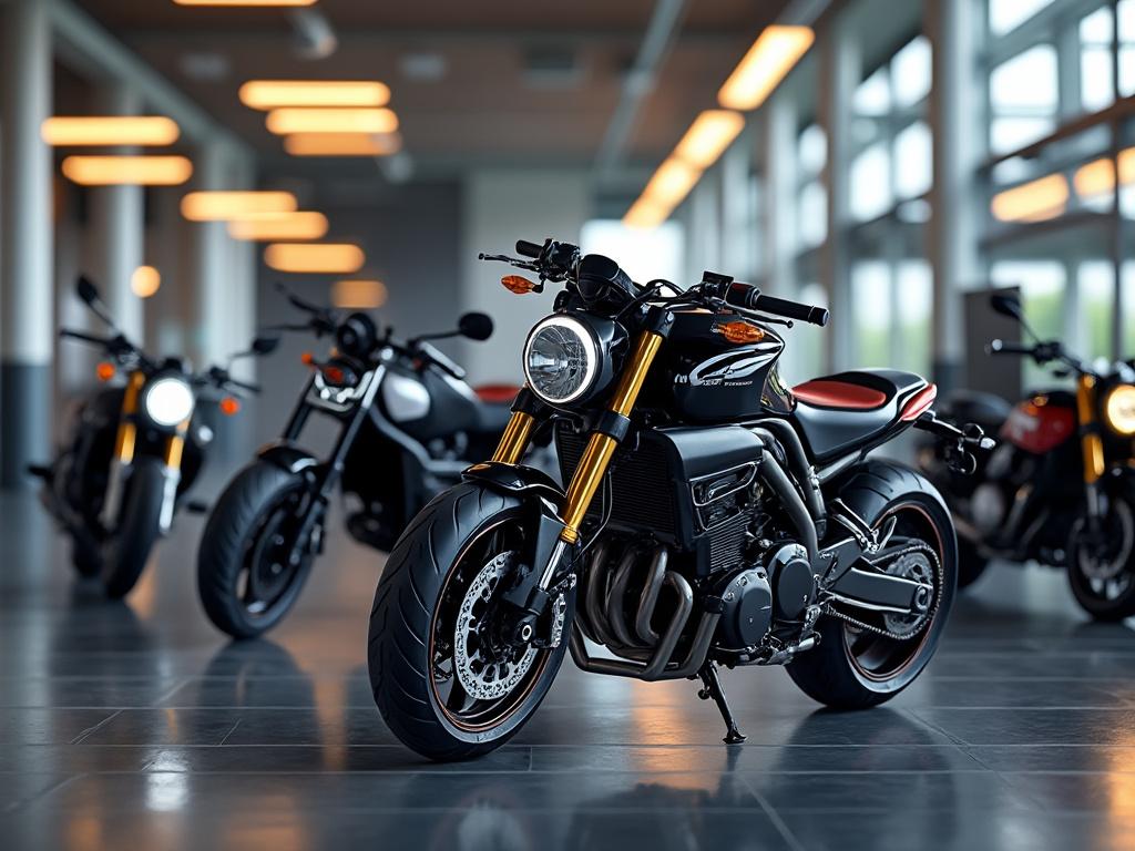 Tres motocicletas modernas en exposición en un showroom iluminado, con diseño deportivo y detalles en negro y dorado.