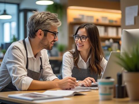 Two people wearing glasses and aprons smiling while working at an office desk with a laptop and papers, surrounded by plants and modern decor.
