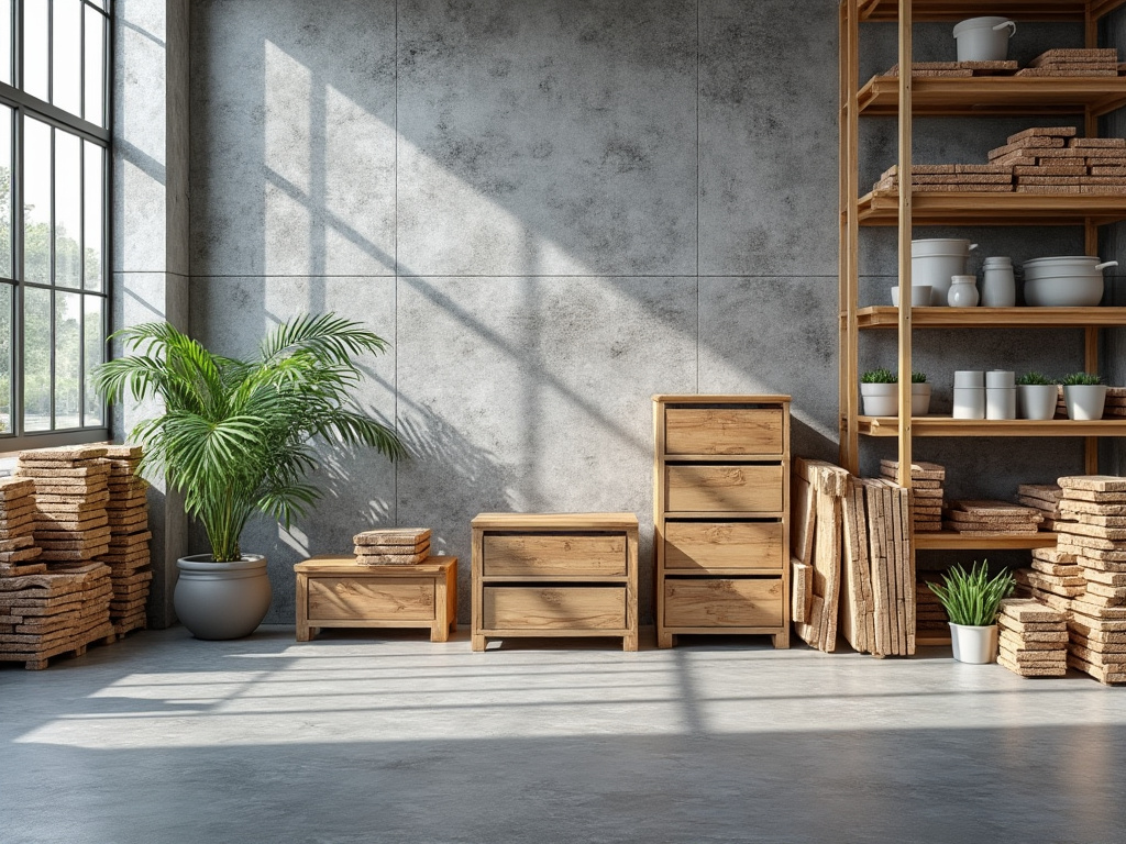 Muebles de madera con plantas en una sala iluminada.