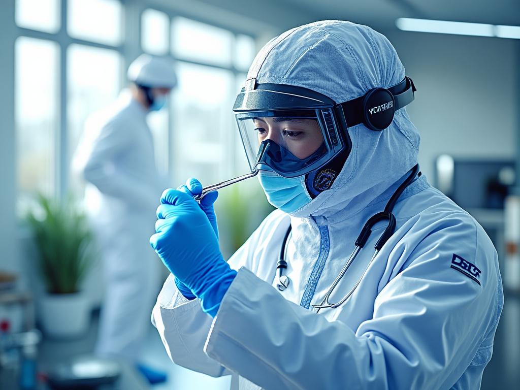Científico en laboratorio con equipo de protección y gafas, manipulando herramienta de precisión.