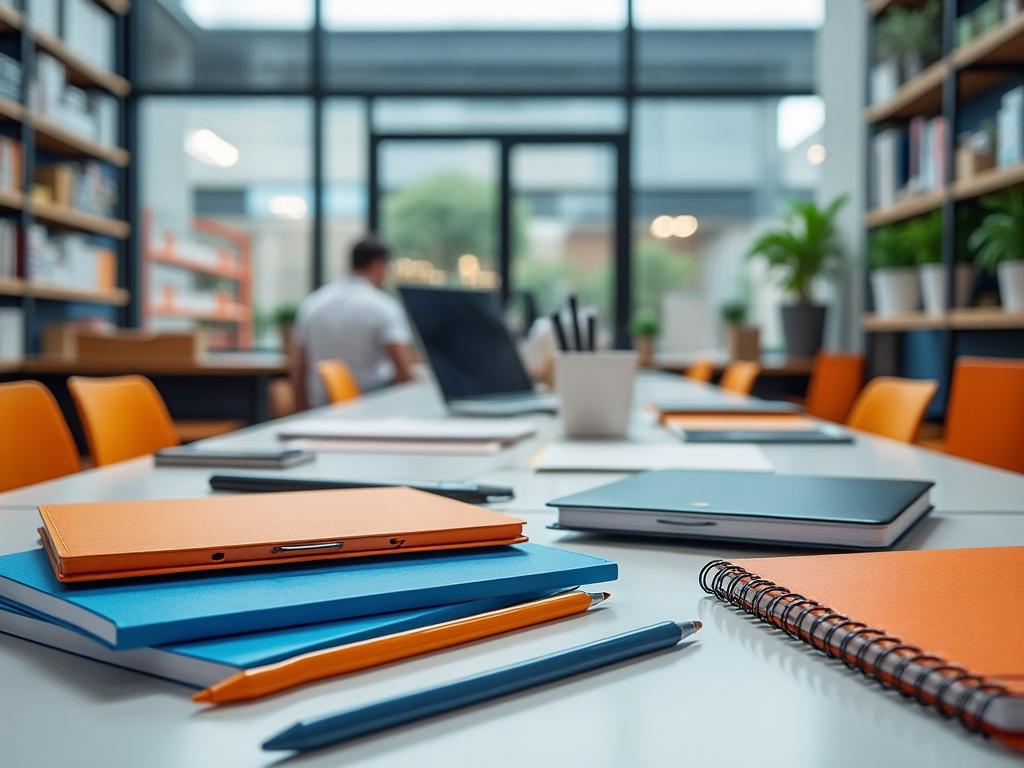 Mesa de trabajo en oficina moderna con cuadernos, lápices y persona al fondo.