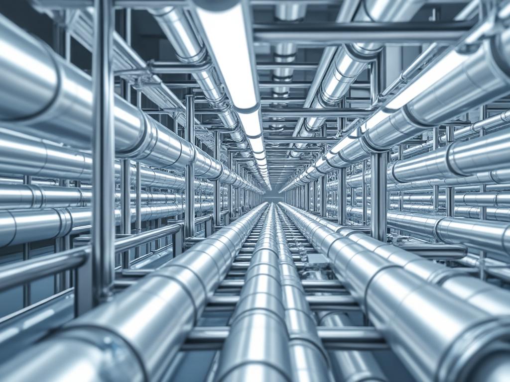 Tuberías metálicas industriales en perspectiva con iluminación fluorescente.