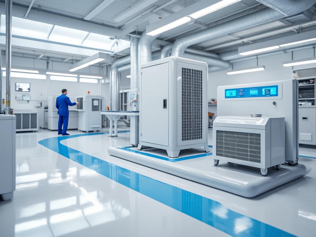 Sala de laboratorio moderno con equipos tecnológicos avanzados y técnico trabajando al fondo.