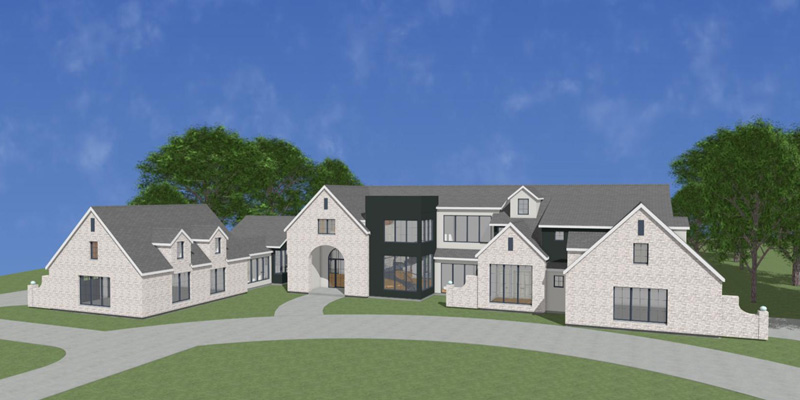 A drawing of a home with large entry way