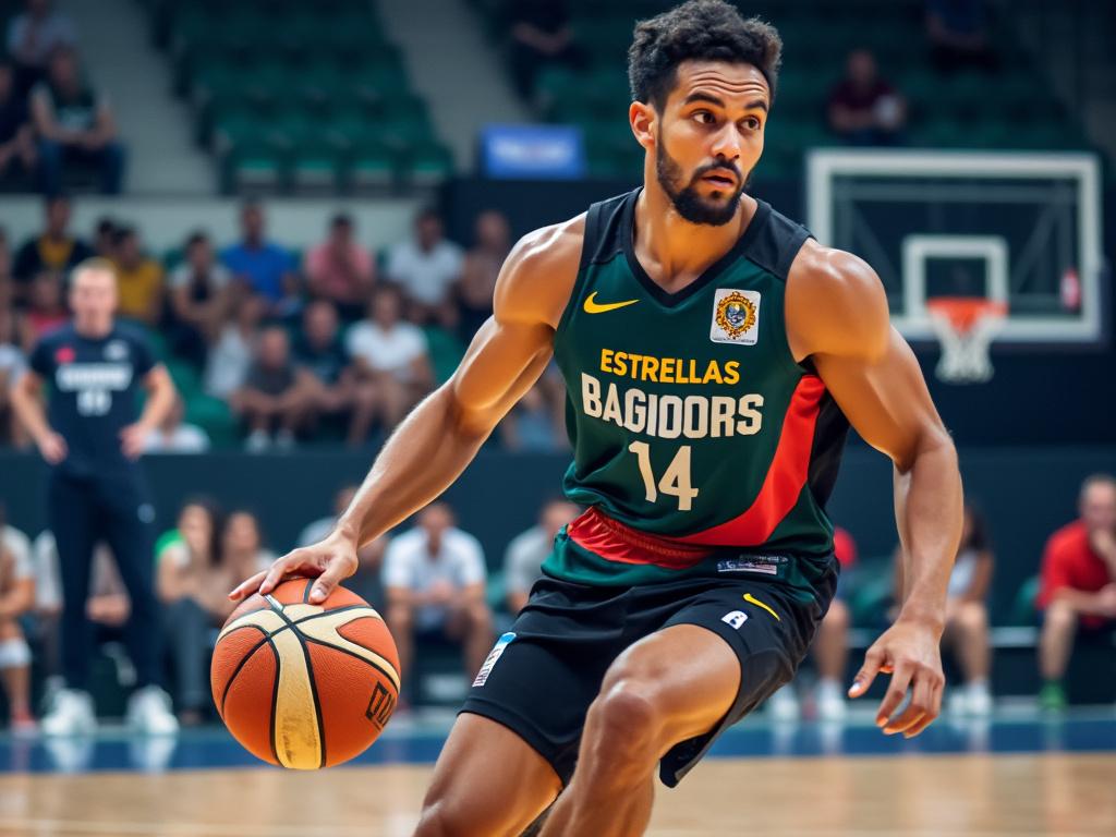 Jugador de baloncesto con el uniforme de 'Estrellas Bagiors', número 14, driblando el balón en una cancha frente a espectadores en el estadio.
