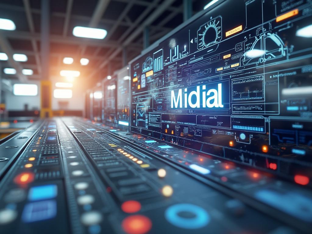 Sala de control futurista con pantallas digitales iluminadas y el texto 'Midial' visible. Sala de control futurista con pantallas digitales iluminadas y el texto 'Midial' visible.