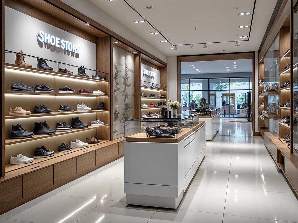 Tienda de zapatos moderna con estantes iluminados mostrando varios estilos de calzado.