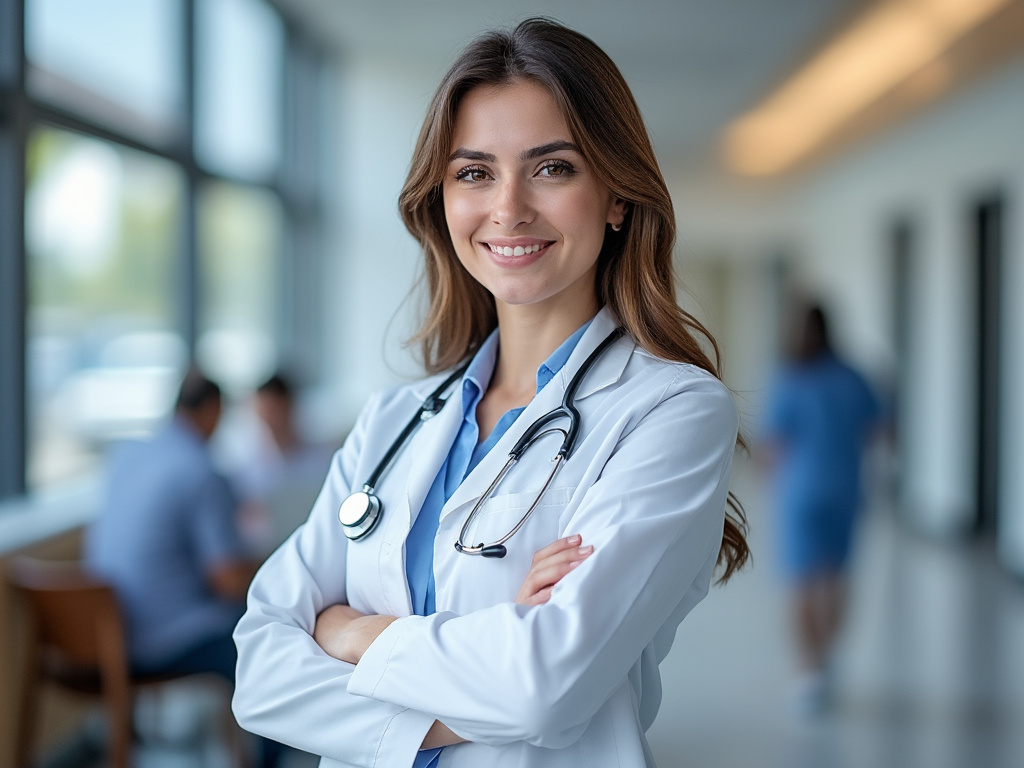 Mujer médica sonriente con bata blanca y estetoscopio en un pasillo de hospital iluminado.