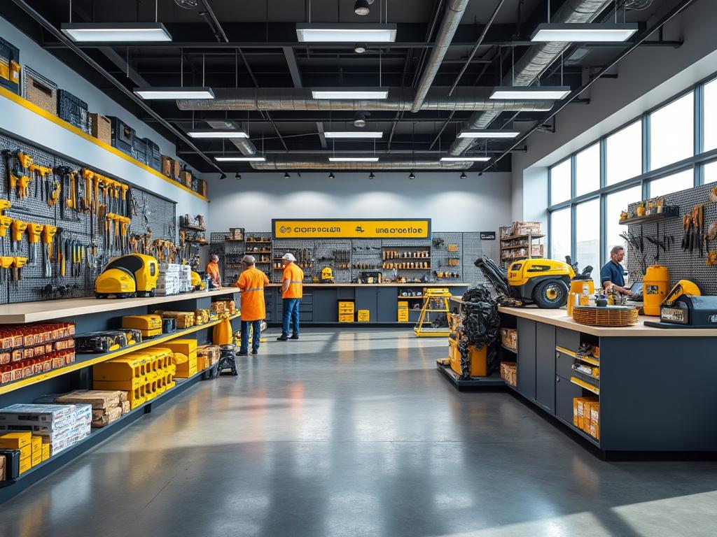 Tienda de herramientas con estantes llenos de herramientas y equipos amarillos, trabajadores con uniforme naranja.