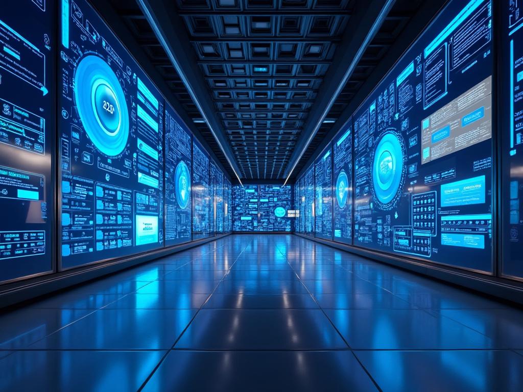 Pasillo futurista con pantallas digitales azules y gráficos de datos iluminados en ambos lados.