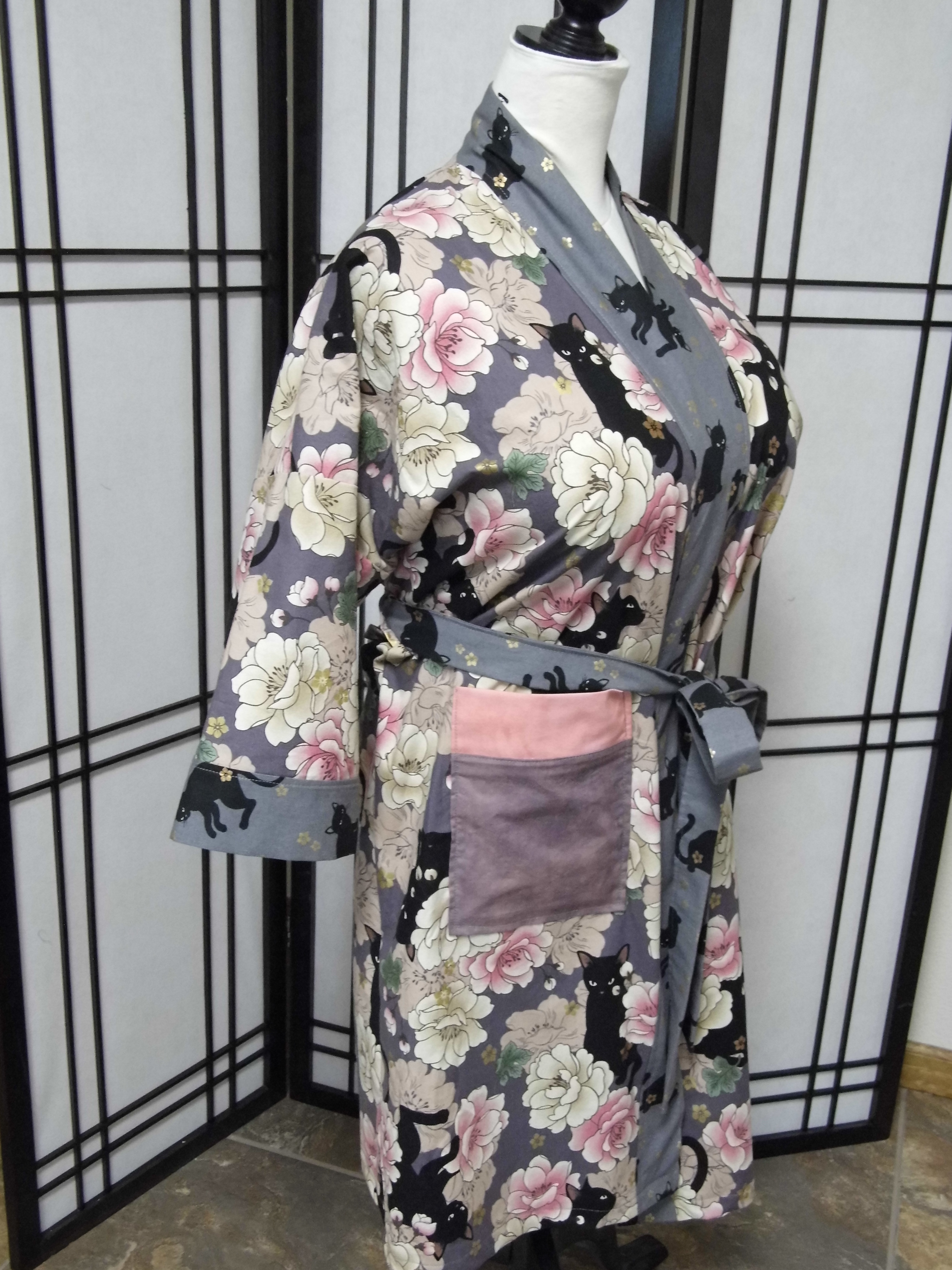 Plum Kitties Kimono Robe (Front)