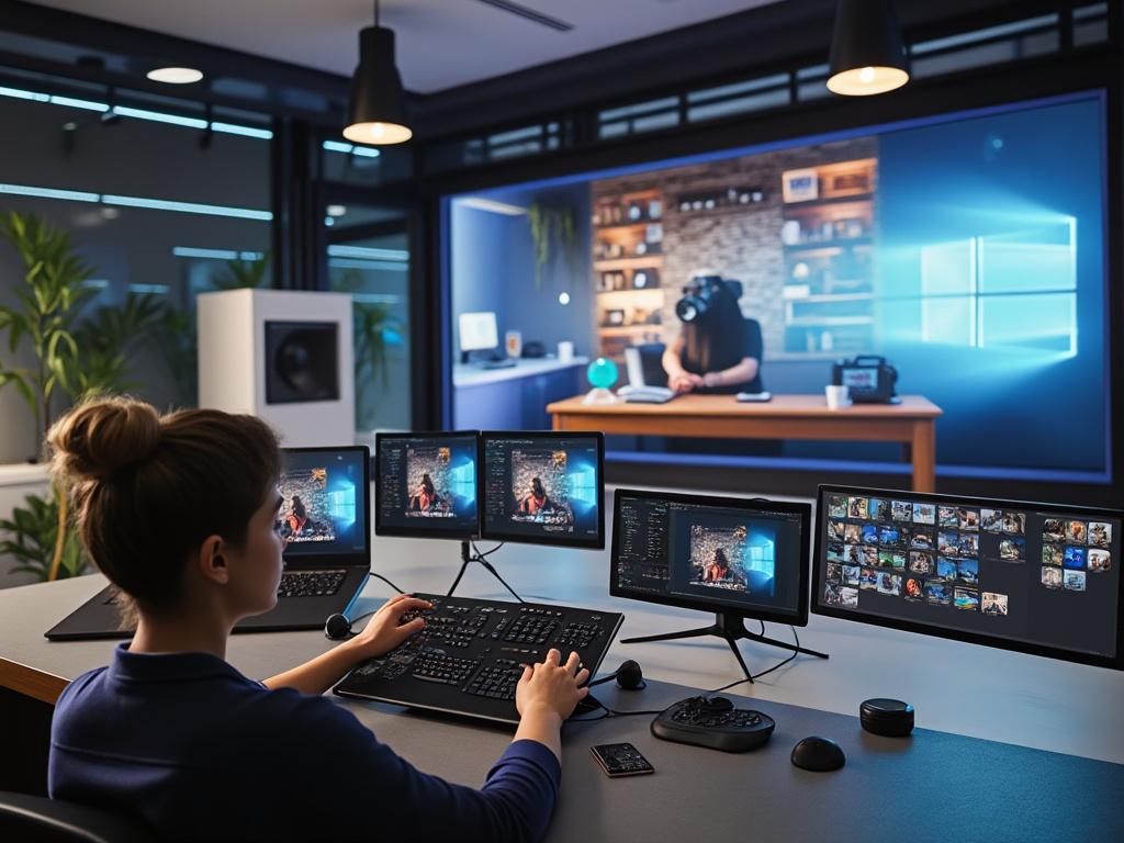 Person using multiple monitors in a modern office, editing digital content while another individual uses virtual reality headset in background.