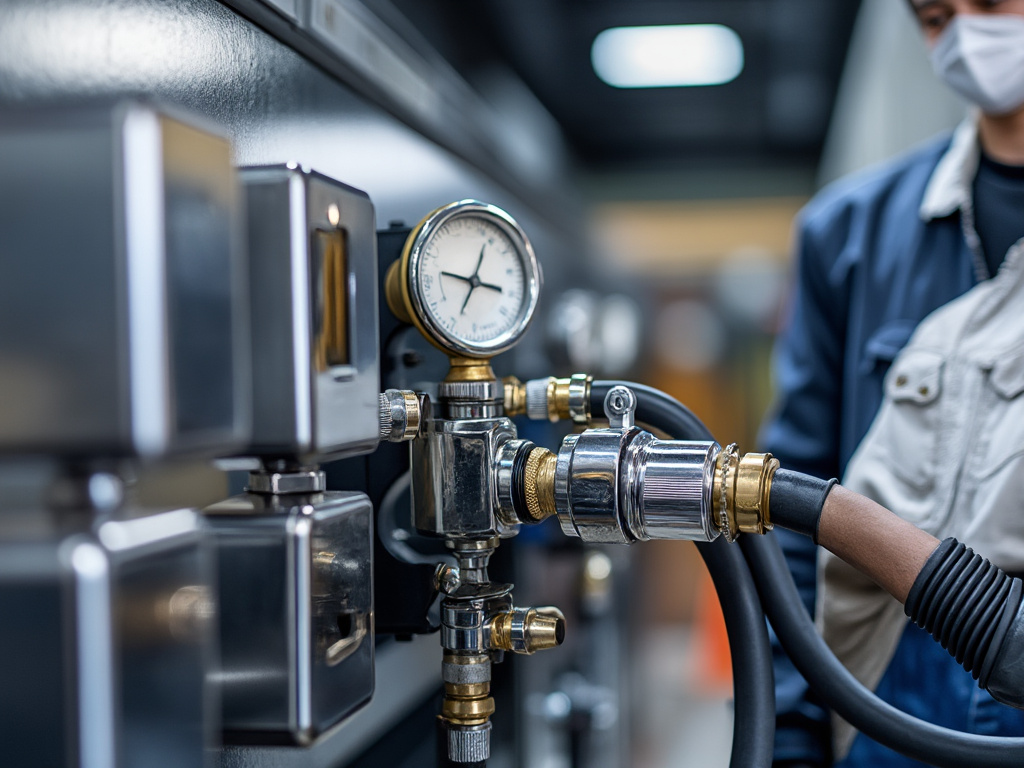 Technician in protective mask adjusts industrial gas regulator with pressure gauge.