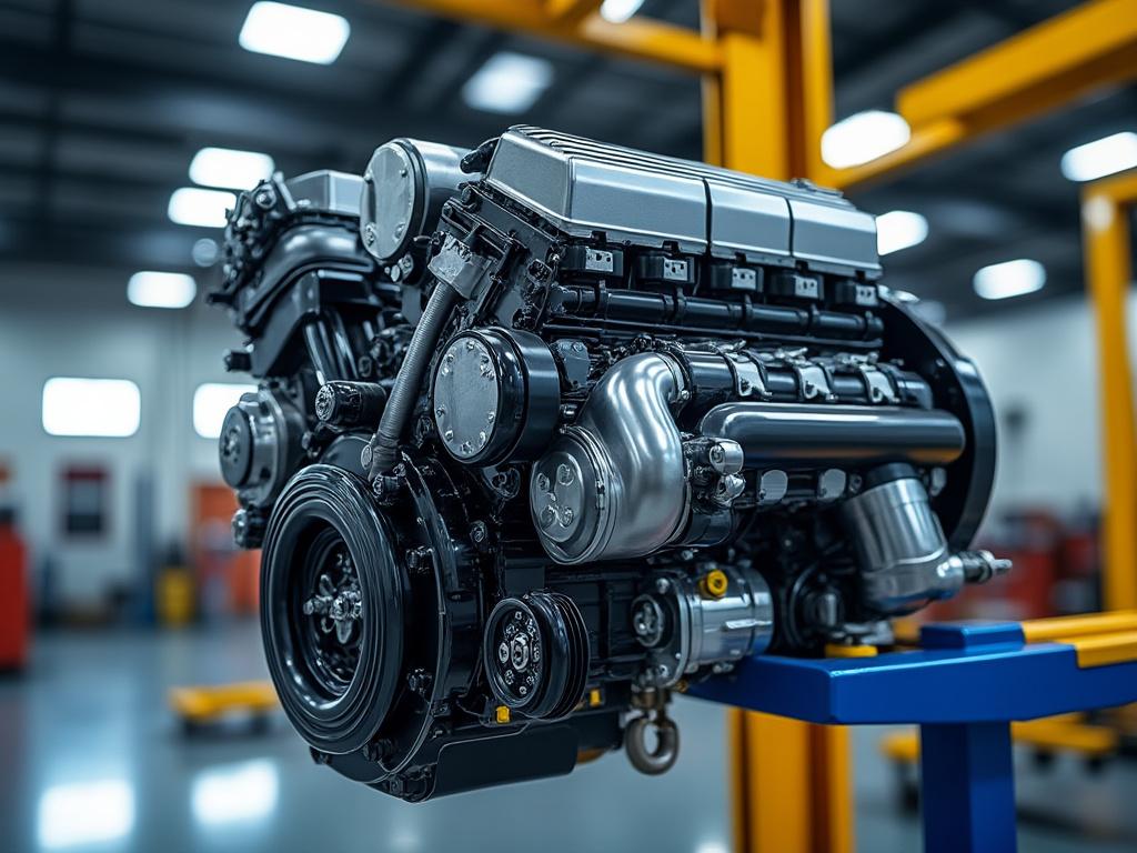 Motor de automóvil en taller mecánico con estructura metálica de fondo.