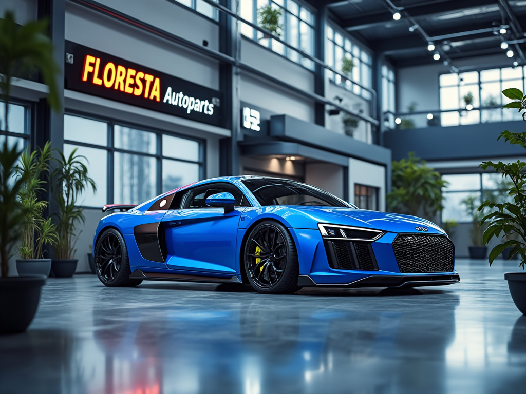 Deportivo azul en showroom de Floresta Autoparts con plantas y luz natural.