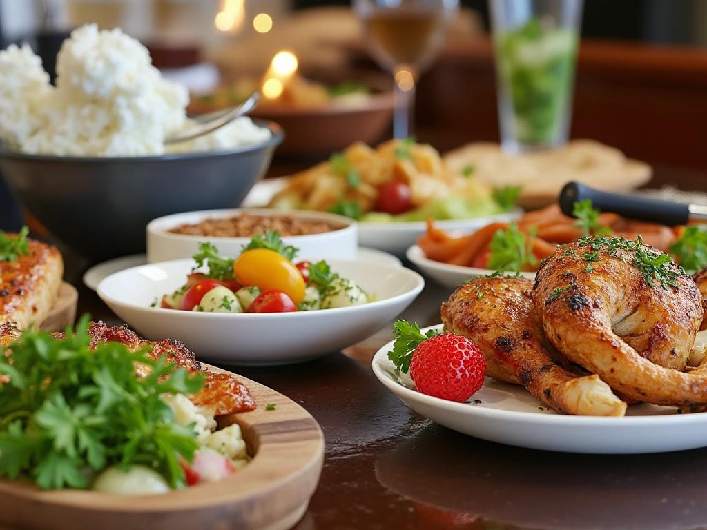 Mesa con platos de comida variada, incluyendo pollo asado, ensalada de tomate y mozzarella, y arroz.