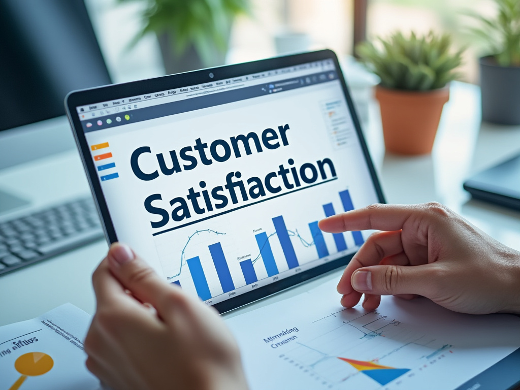 Persona usando computadora portátil con gráficos sobre satisfacción del cliente.