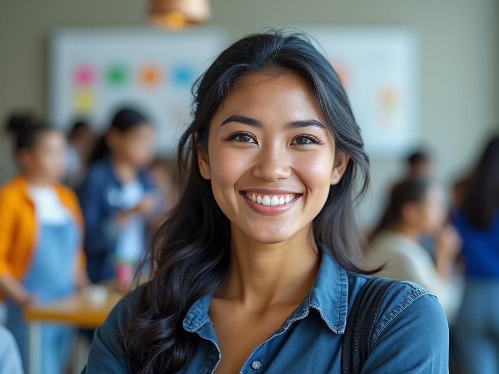 Smiling woman in a denim shirt at a social gathering with colorful art in the background.
