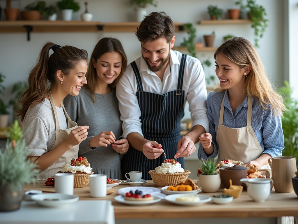 Grupo de amigos decorando pasteles en una cocina, todos sonrientes y disfrutando.