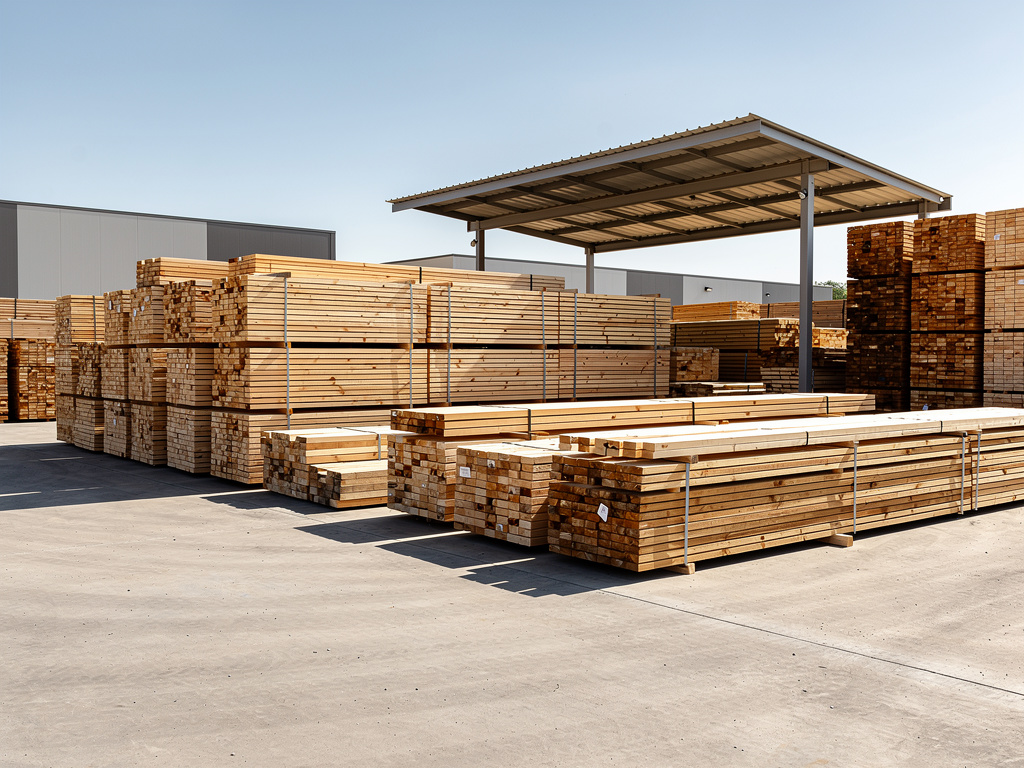 Tablones de madera apilados en almacén industrial al aire libre con estructura metálica