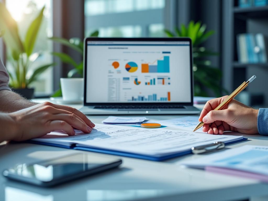 Personas trabajando en documentos financieros con gráficos en laptop y teléfono inteligente sobre la mesa, en entorno de oficina con plantas.