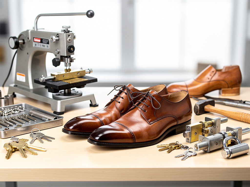 Zapatos de cuero marrón elegantes con herramientas de cerrajería y máquina de reparación en taller
