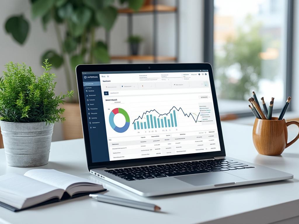 Portátil en escritorio mostrando gráficos y datos financieros en pantalla, con planta, cuaderno y lápices alrededor, en un ambiente de oficina.