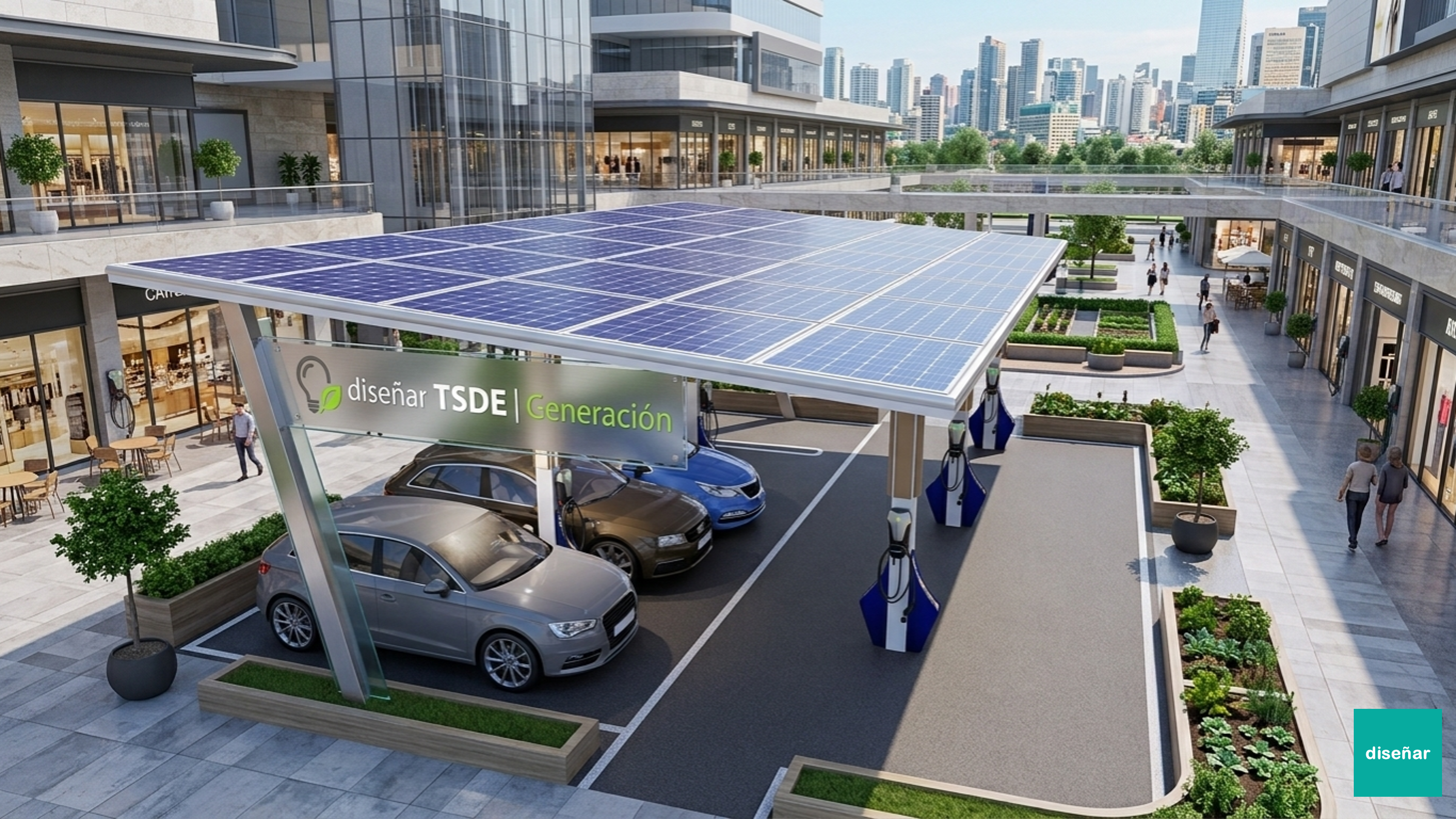 Coche eléctrico cargando en estación moderna con paneles solares y ciudad al fondo al atardecer