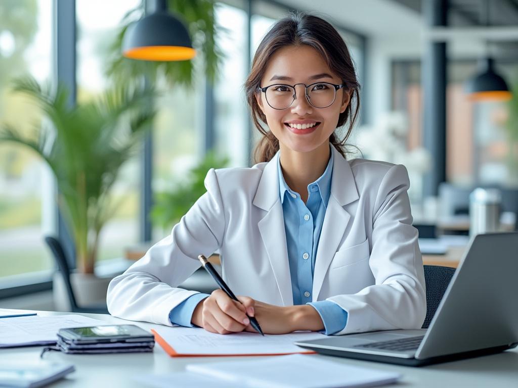 Mujer sonriente en oficina moderna con portátil y documentos, rodeada de plantas y lámparas colgantes.