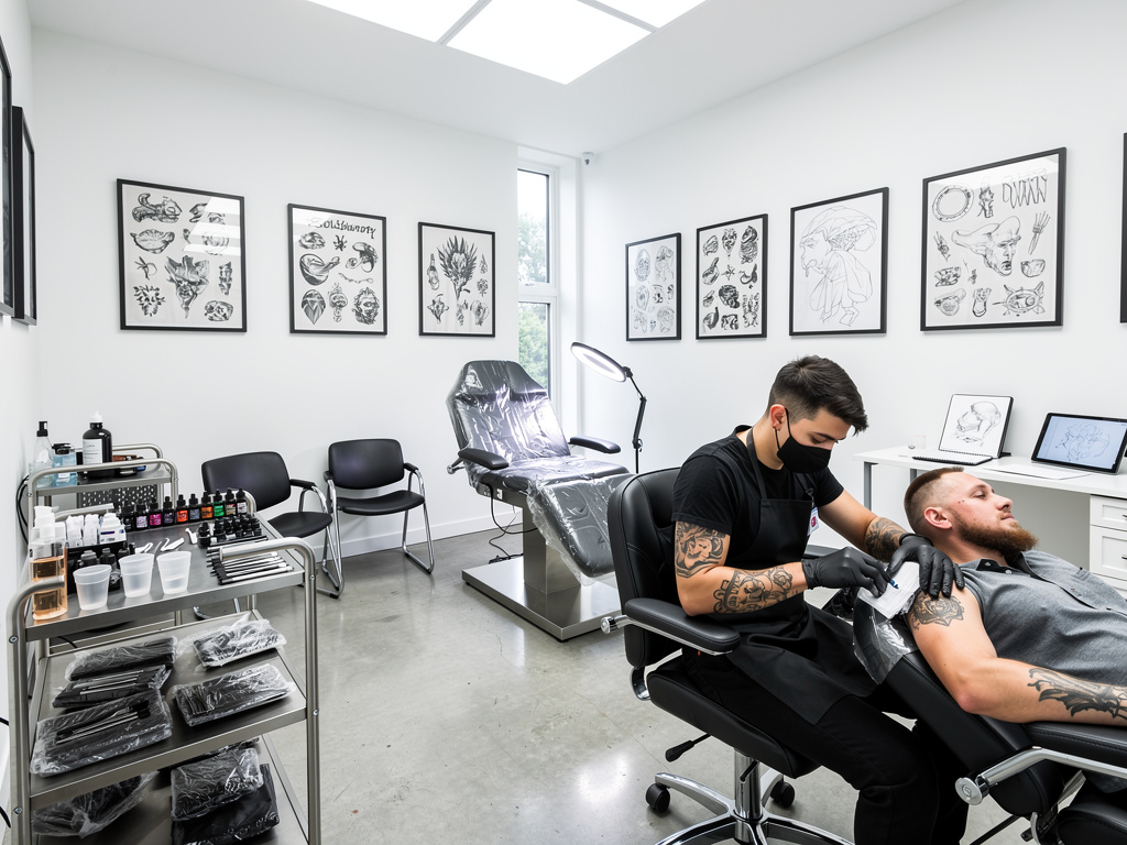 Tatuador profesional realizando un tatuaje en el brazo de un cliente en un estudio moderno y limpio Tatuador profesional realizando un tatuaje en el brazo de un cliente en un estudio moderno y limpio