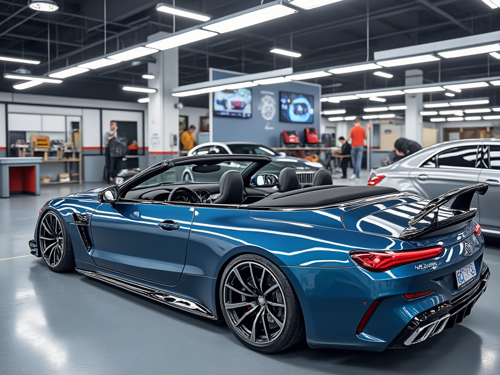 Sleek blue convertible sports car with a spoiler in a modern automotive showroom.