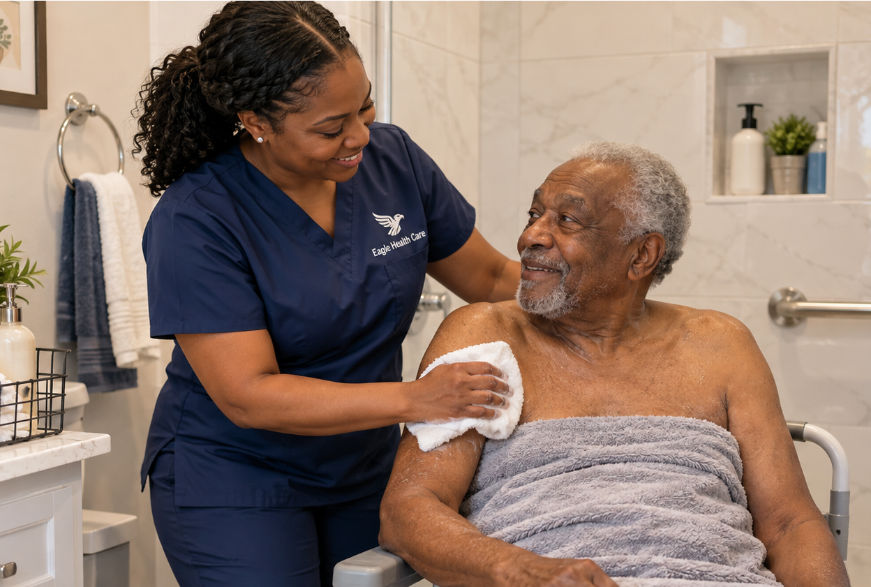 Home healthcare nurse giving medication to senior man in living room