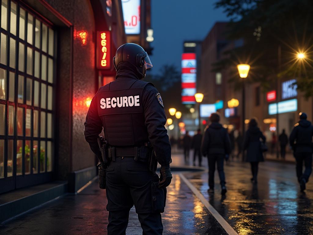 Guardia de seguridad vigilando una calle iluminada por luces urbanas durante la noche.
