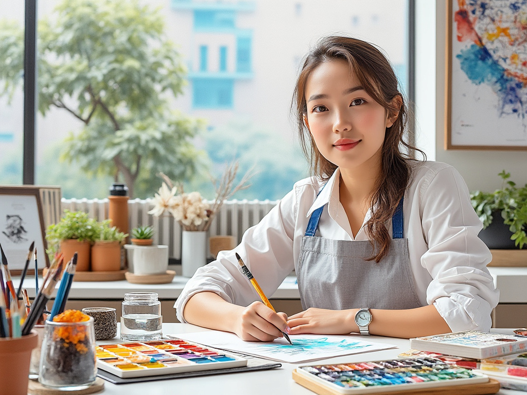 Young artist painting with watercolors at a bright, airy studio desk surrounded by art supplies and potted plants.