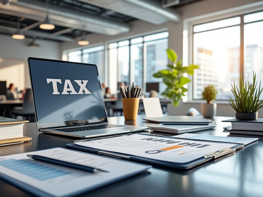 Oficina moderna con escritorio lleno de documentos fiscales y portátil mostrando la palabra 'TAX'. Plantas decorativas y ventana con luz natural de fondo.