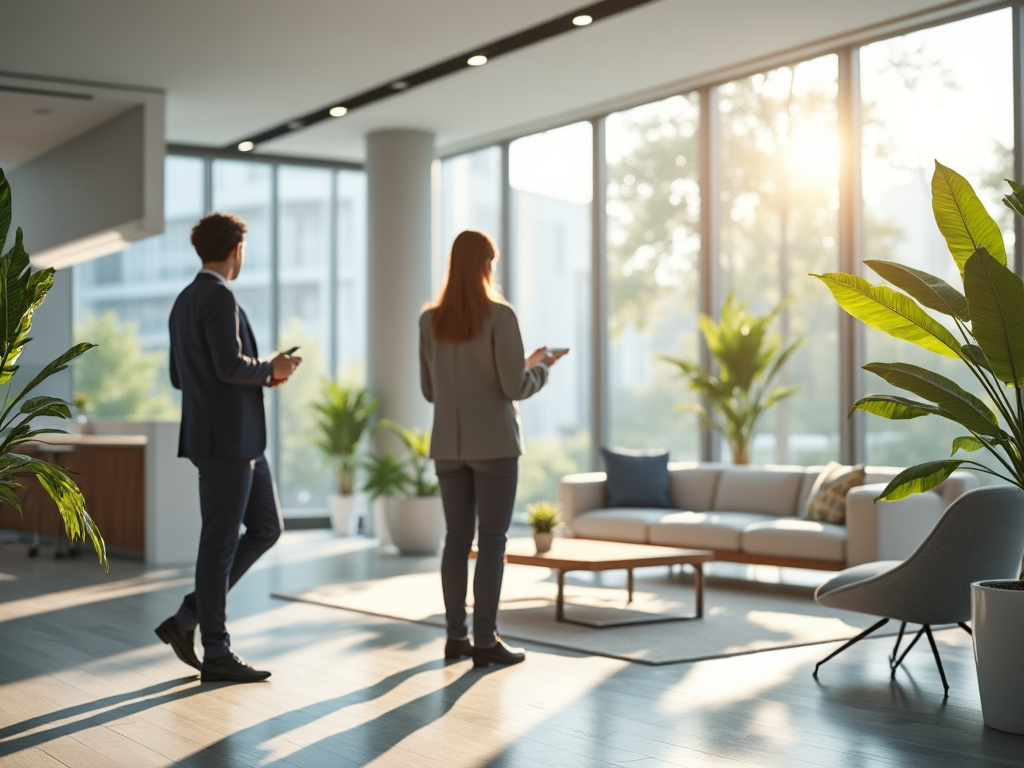 Two business professionals in modern office with large windows and indoor plants