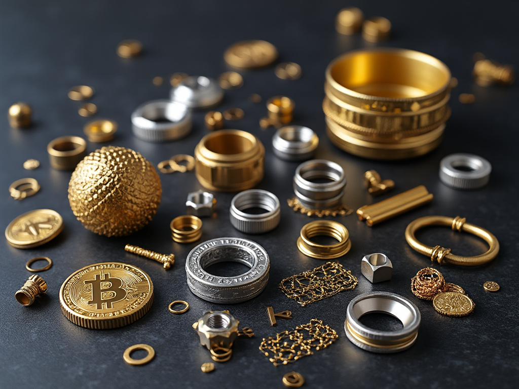 Monedas de Bitcoin doradas y plateadas con piezas de metal y joyas sobre fondo oscuro.