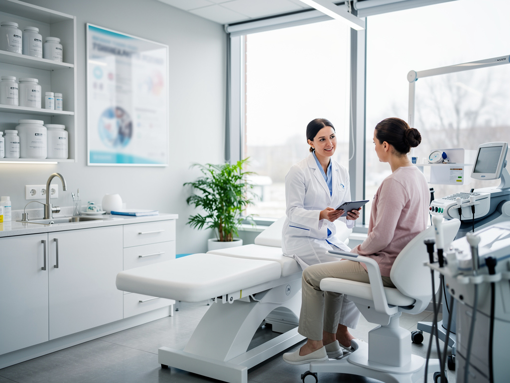 Doctora consultando a paciente en clínica médica moderna con equipos de diagnóstico y camilla