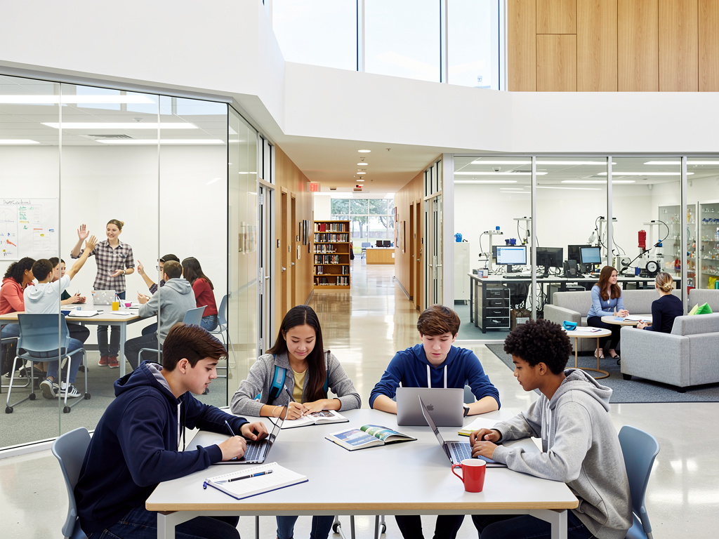Estudiantes colaborando con portátiles en un aula moderna con laboratorio y biblioteca escolar