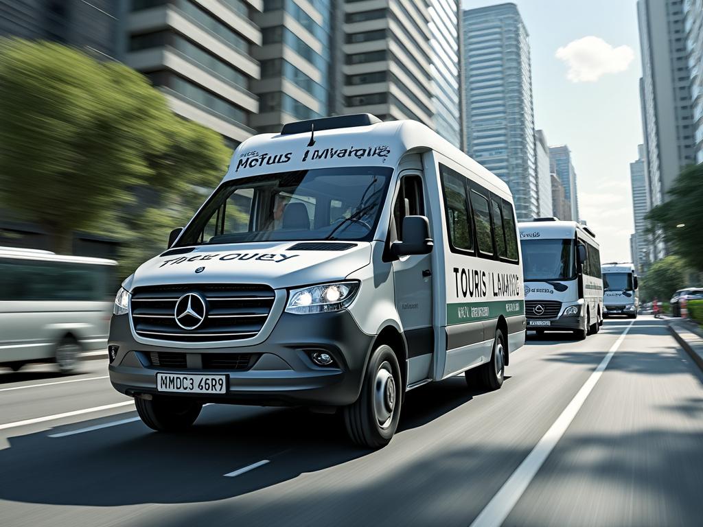 Furgoneta de turismo Mercedes-Benz en movimiento rápido por una avenida urbana con edificios modernos de fondo.