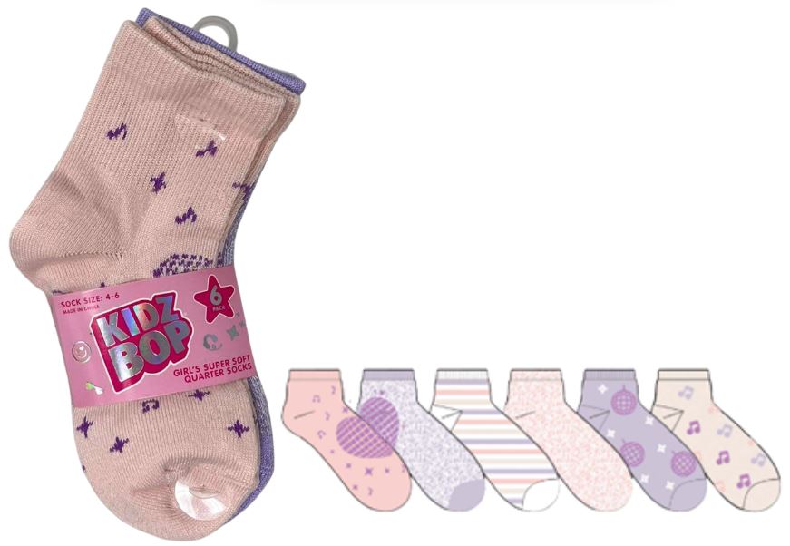 GZ1467-664-CKF-S
6PK QUARTER SOCKS FOR GIRL 4-6 KIDZ BOP
191153586807

GZ1467-664-CKF-M
6PK QUARTER SOCKS FOR GIRL 6-8 KIDZ BOP
191153586814

72 CS PACK
