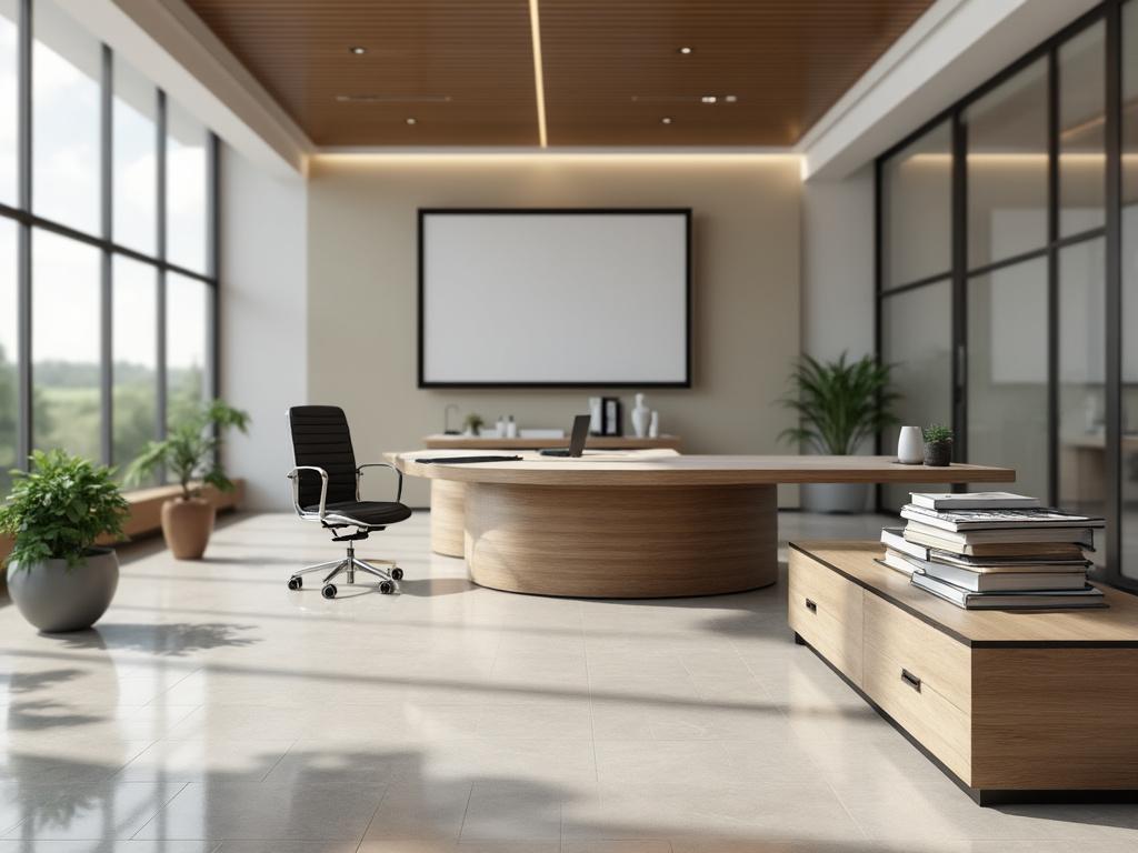 Oficina moderna con ventanas grandes, escritorio de madera, silla giratoria y plantas decorativas.