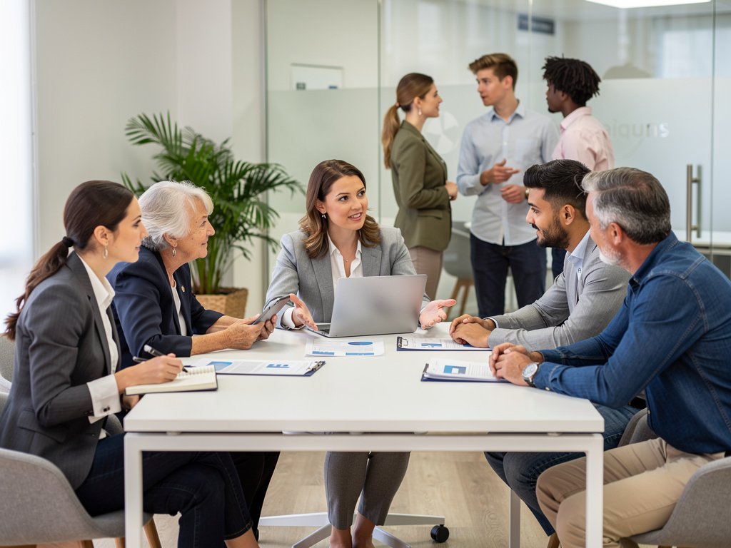 Equipo empresarial diverso reunido en una oficina moderna analizando informes y colaborando en una reunión de trabajo