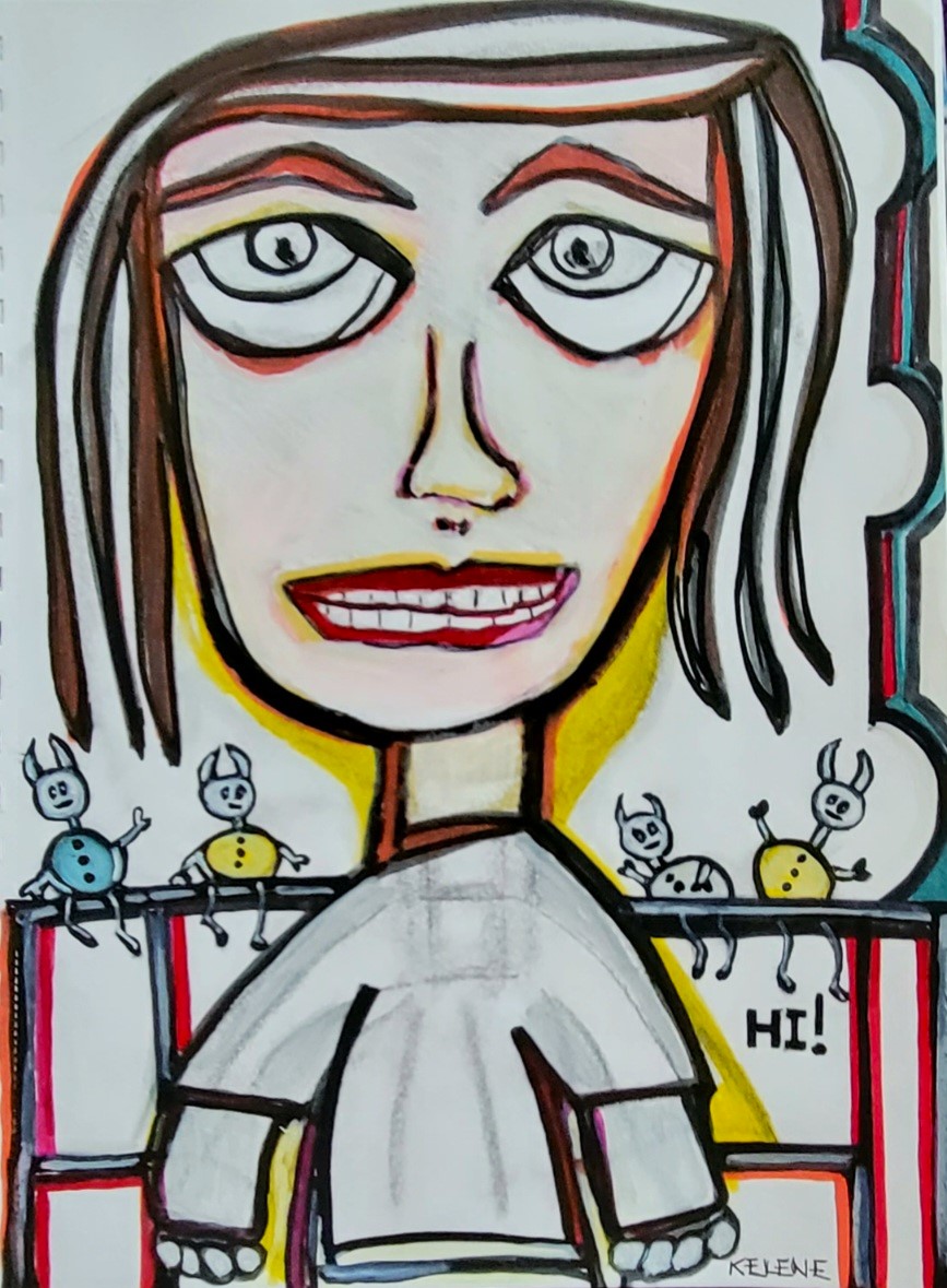 Title: The Girl says Hi. 12 x 14 pen and paint on paper. Kelene 2022 $120.00 framed