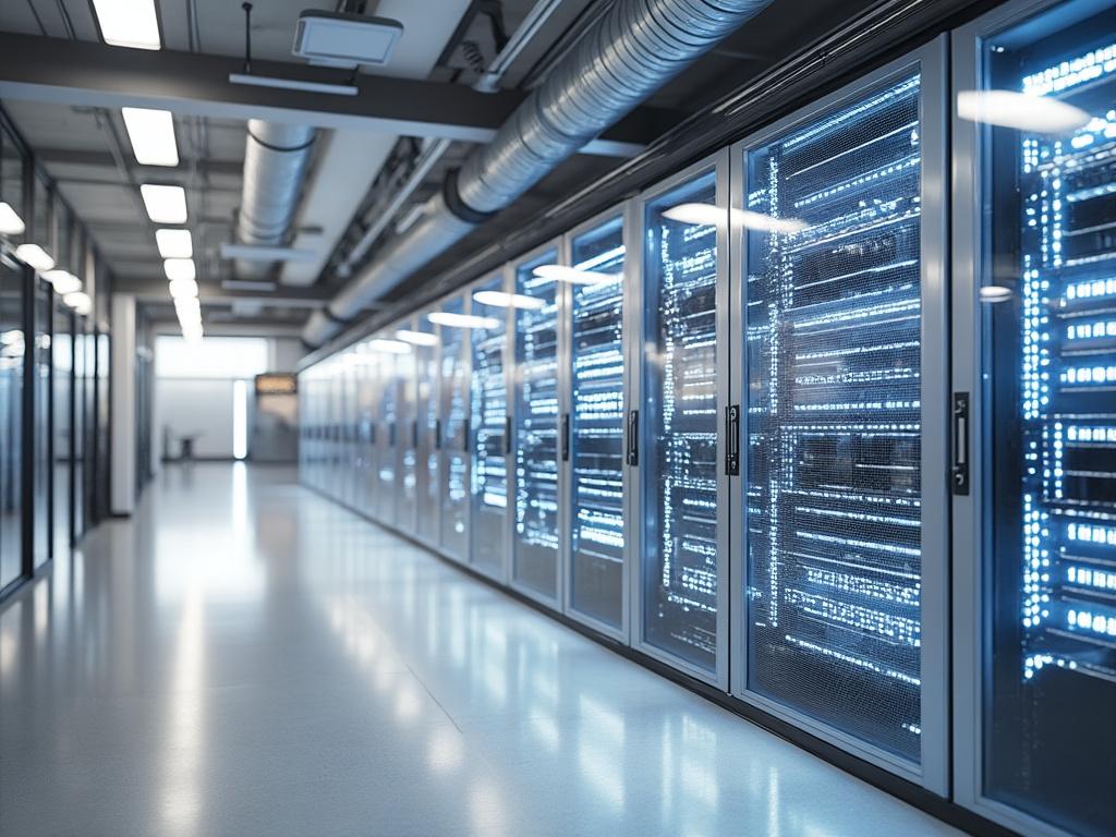Modern data center with illuminated server racks and cooling ducts.