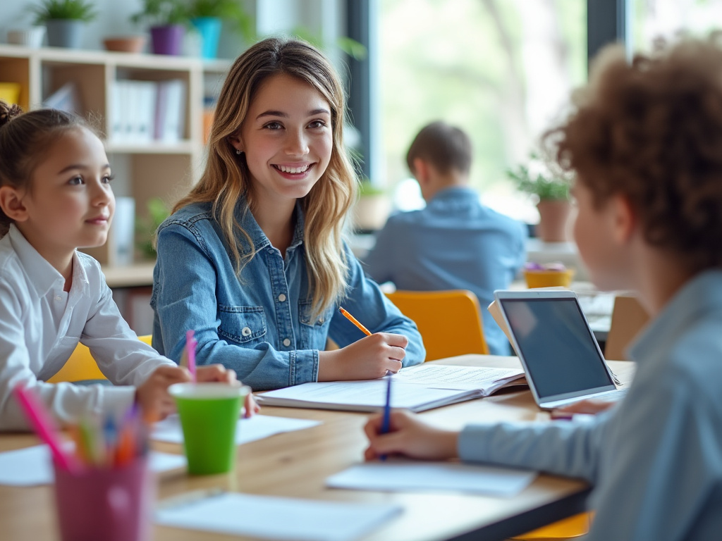 Niños estudiando juntos en una mesa, rodeados de colores y cuadernos, con una niña sonriendo en primer plano.