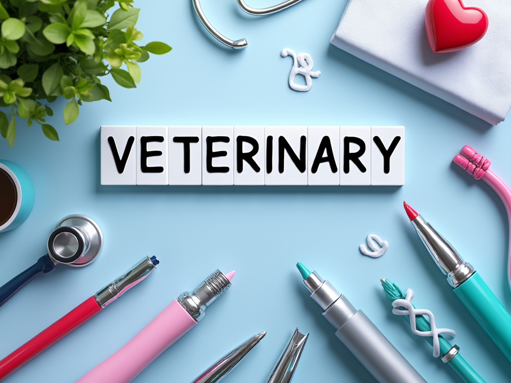 Material de veterinaria en un fondo azul con la palabra 'veterinary' en el centro. Material de veterinaria en un fondo azul con la palabra 'veterinary' en el centro.