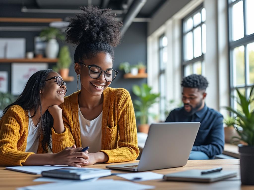 Two women smiling and working on a laptop in a sunny office, with a man in the background, surrounded by plants and natural light.
