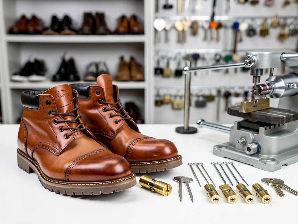 Botas de cuero marrón junto a llaves, cerraduras y máquina de cerrajería en taller de reparación de calzado